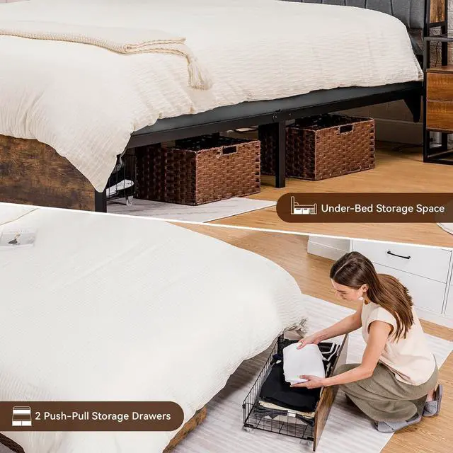 Alt view image 6 of 7 - GTRACING Platform Bed Frame with LED Lights and Charging Station, Storage Headboard and Footboard Drawers, No Box Spring Needed, Rustic Wood Look (Queen (U.S. Standard))