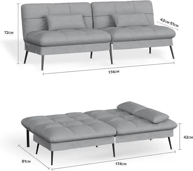 Alt view image 2 of 7 - GTRACING Convertible Sofa Bed,68Fabric Couch with Adjustable Backrest,Loveseat Recliner Sleeper Living Room Furniture futon Set (Grey)