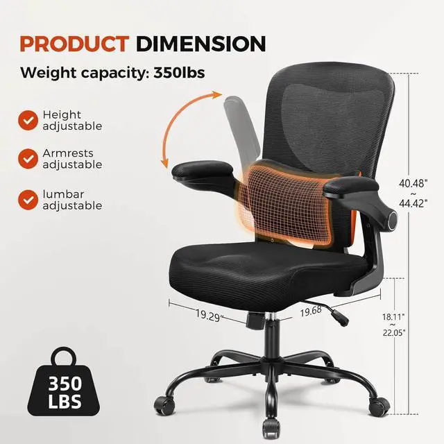 Alt view image 2 of 7 - GTPLAYER Ergonomic Office Chair with Adjustable Lumbar Support, High Back Mesh Computer Desk Chair with Flip-up Armrests, 3D Saddle Cushion, Back Pain Relief (Black)