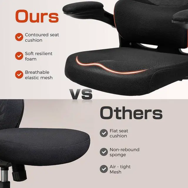 Alt view image 7 of 7 - GTPLAYER Ergonomic Office Chair with Adjustable Lumbar Support, High Back Mesh Computer Desk Chair with Flip-up Armrests, 3D Saddle Cushion, Back Pain Relief (Black)