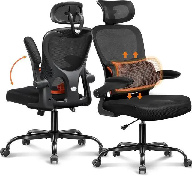 Main image of GTPLAYER Ergonomic Office Desk Chair with 3D Adjustable Lumbar Support & Headrest, High Back Executive Computer Chair Comfy for Back Pain Relief, Flip-up Armrests (Black)