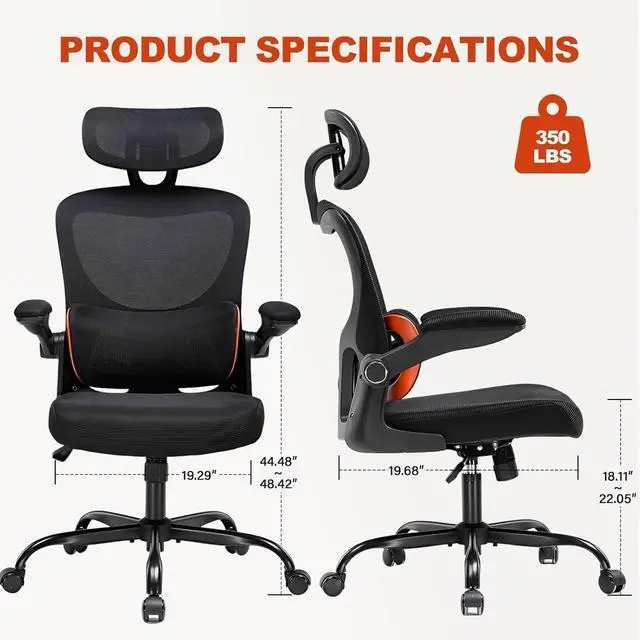 Alt view image 2 of 7 - GTPLAYER Ergonomic Office Desk Chair with 3D Adjustable Lumbar Support & Headrest, High Back Executive Computer Chair Comfy for Back Pain Relief, Flip-up Armrests (Black)