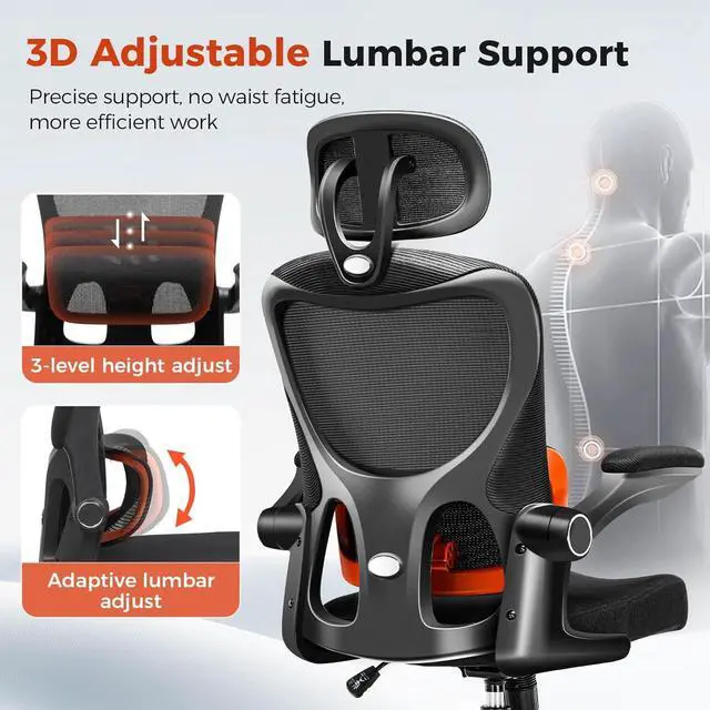 Alt view image 3 of 7 - GTPLAYER Ergonomic Office Desk Chair with 3D Adjustable Lumbar Support & Headrest, High Back Executive Computer Chair Comfy for Back Pain Relief, Flip-up Armrests (Black)