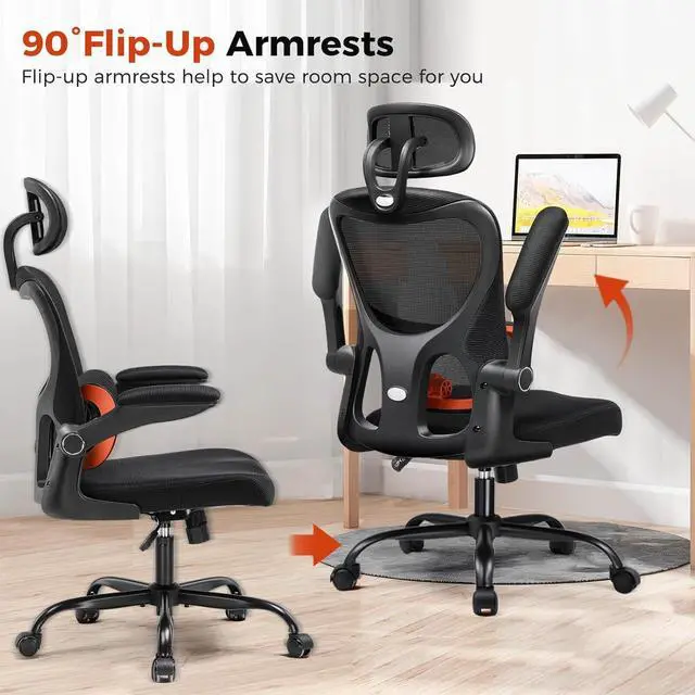 Alt view image 5 of 7 - GTPLAYER Ergonomic Office Desk Chair with 3D Adjustable Lumbar Support & Headrest, High Back Executive Computer Chair Comfy for Back Pain Relief, Flip-up Armrests (Black)