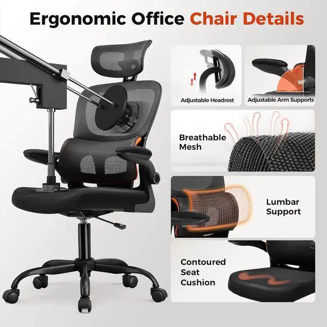 Alt view image 7 of 7 - GTPLAYER Ergonomic Office Desk Chair with 3D Adjustable Lumbar Support & Headrest, High Back Executive Computer Chair Comfy for Back Pain Relief, Flip-up Armrests (Black)
