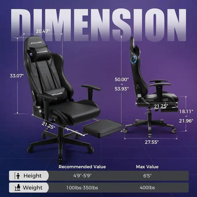 Alt view image 3 of 6 - GTPLAYER Gaming Chair with Bluetooth Speakers, Ergonomic Office Chair with Footrest & Lumbar Support, Height Adjustable Swivel Video Game Chair for Adults, 300lb Max Black
