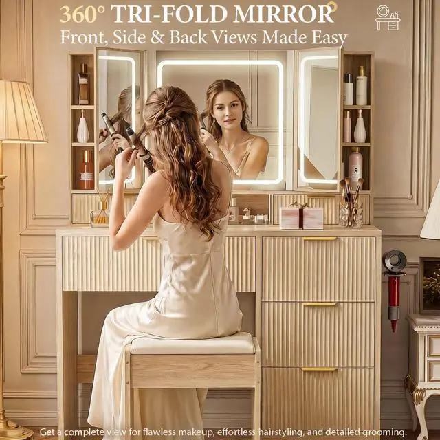 Alt view image 2 of 7 - GTRACING Wood Makeup Vanity with 3-Way Mirrors, Vanity Desk with Light and Wider Angle View Mirrors, 6 Drawers, 3 Lighting Modes Adjustable, Storage Cabinets Fluted Vanity Table with Jewelry Hooks