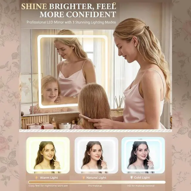Alt view image 4 of 7 - GTRACING Wood Makeup Vanity with 3-Way Mirrors, Vanity Desk with Light and Wider Angle View Mirrors, 6 Drawers, 3 Lighting Modes Adjustable, Storage Cabinets Fluted Vanity Table with Jewelry Hooks