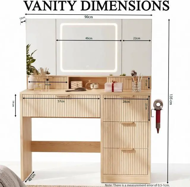 Alt view image 7 of 7 - GTRACING Wood Makeup Vanity with 3-Way Mirrors, Vanity Desk with Light and Wider Angle View Mirrors, 6 Drawers, 3 Lighting Modes Adjustable, Storage Cabinets Fluted Vanity Table with Jewelry Hooks