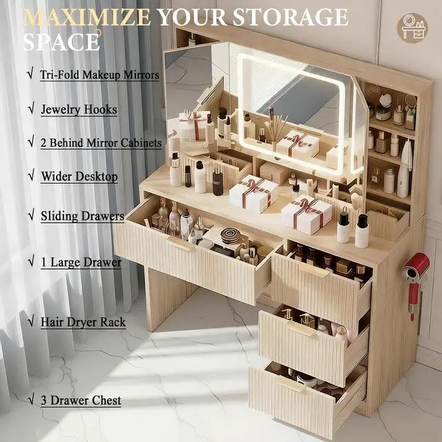 Alt view image 3 of 7 - GTRACING Wood Makeup Vanity with 3-Way Mirrors, Vanity Desk with Light and Wider Angle View Mirrors, 6 Drawers, 3 Lighting Modes Adjustable, Storage Cabinets Fluted Vanity Table with Jewelry Hooks