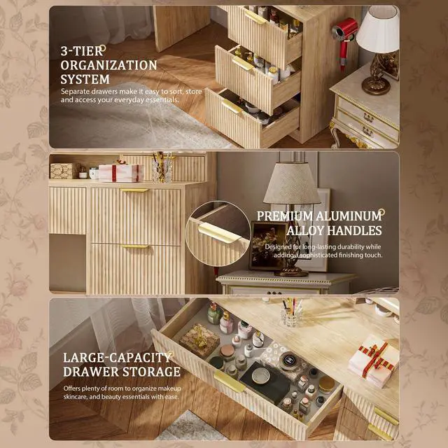 Alt view image 5 of 7 - GTRACING Wood Makeup Vanity with 3-Way Mirrors, Vanity Desk with Light and Wider Angle View Mirrors, 6 Drawers, 3 Lighting Modes Adjustable, Storage Cabinets Fluted Vanity Table with Jewelry Hooks