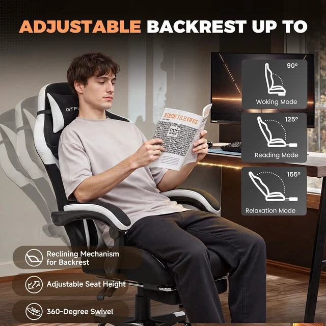 Alt view image 2 of 7 - Gaming Chair with Footrest, Big and Tall Video Game Chairs with Lumbar Support, Computer Chair for Adults with Extended Backrest, Ergonomic Reclining Silla Gamer, Fabric