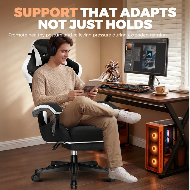 Alt view image 5 of 7 - Gaming Chair with Footrest, Big and Tall Video Game Chairs with Lumbar Support, Computer Chair for Adults with Extended Backrest, Ergonomic Reclining Silla Gamer, Fabric