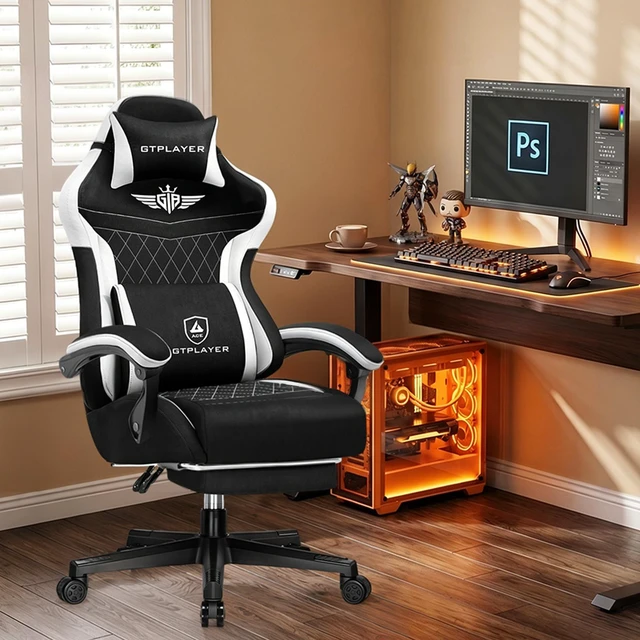 Main image of Gaming Chair with Footrest, Big and Tall Video Game Chairs with Lumbar Support, Computer Chair for Adults with Extended Backrest, Ergonomic Reclining Silla Gamer, Fabric