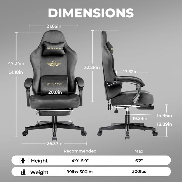 Alt view image 7 of 7 - Gaming Chair, Big and Tall, High Back Ergonomic with Pocket Spring Cushion, Footrest, Lumbar Support, 400 lbs Swivel Office Chair for Adults Grey-Velvet