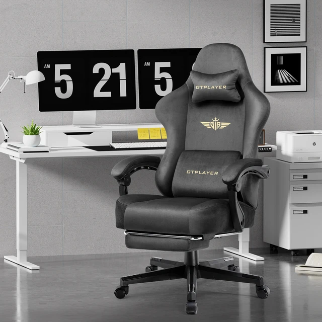 Alt view image 2 of 7 - Gaming Chair, Big and Tall, High Back Ergonomic with Pocket Spring Cushion, Footrest, Lumbar Support, 400 lbs Swivel Office Chair for Adults Grey-Velvet
