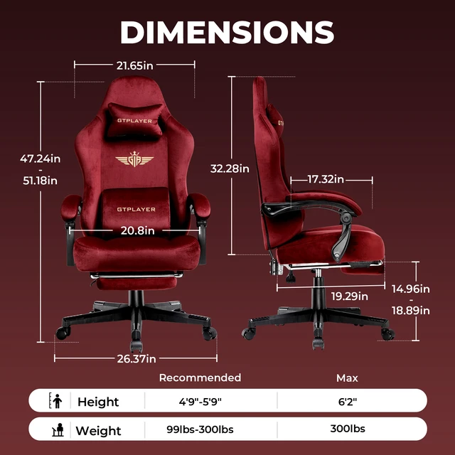 Alt view image 6 of 7 - Gaming Chair, Big and Tall, High Back Ergonomic with Pocket Spring Cushion, Footrest, Lumbar Support, 400 lbs Swivel Office Chair for Adults Red-Velvet
