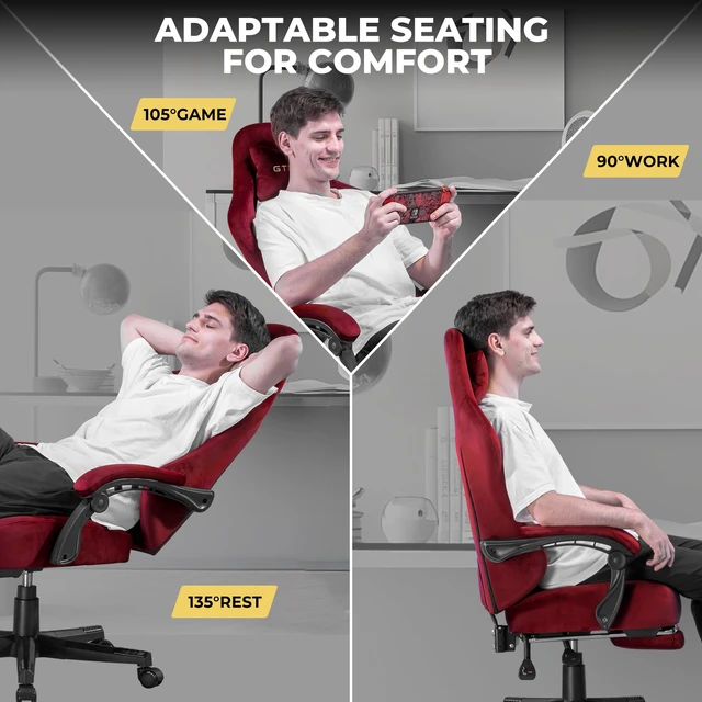 Alt view image 7 of 7 - Gaming Chair, Big and Tall, High Back Ergonomic with Pocket Spring Cushion, Footrest, Lumbar Support, 400 lbs Swivel Office Chair for Adults Red-Velvet