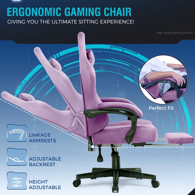 Alt view image 2 of 7 - Gaming Chair, Big and Tall, High Back Ergonomic with Pocket Spring Cushion, Footrest, Lumbar Support, 400 lbs Swivel Office Chair for Adults Light Purple-Velvet