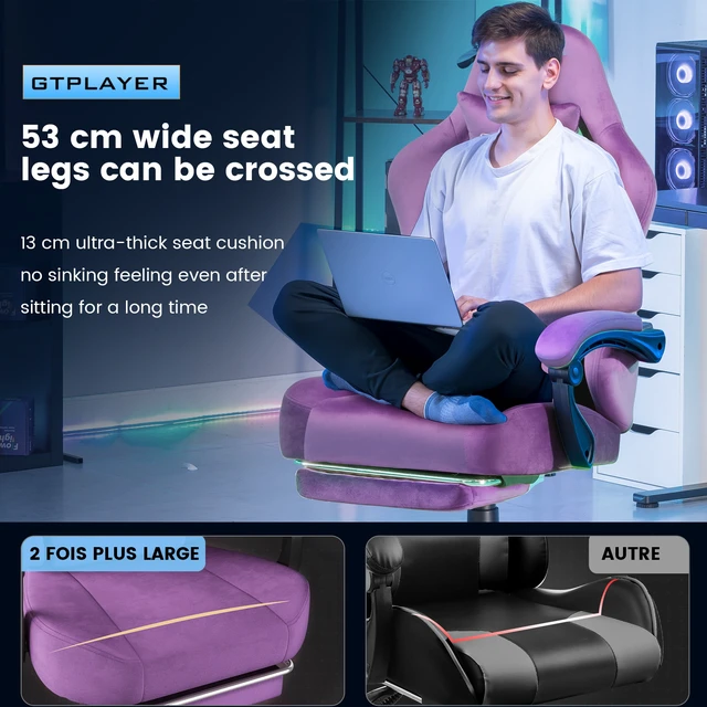 Alt view image 4 of 7 - Gaming Chair, Big and Tall, High Back Ergonomic with Pocket Spring Cushion, Footrest, Lumbar Support, 400 lbs Swivel Office Chair for Adults Light Purple-Velvet