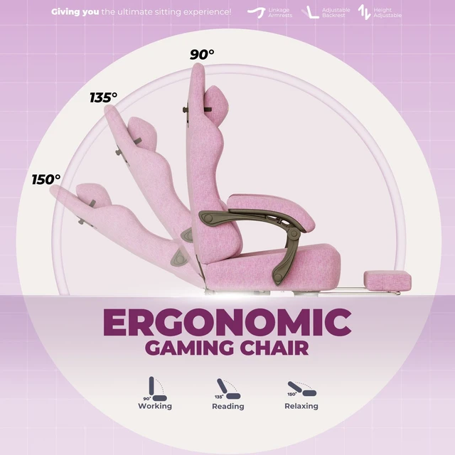 Alt view image 5 of 7 - Gaming Chair, Big and Tall, High Back Ergonomic with Pocket Spring Cushion, Footrest, Lumbar Support, 400 lbs Swivel Office Chair for Adults Pink-Linen
