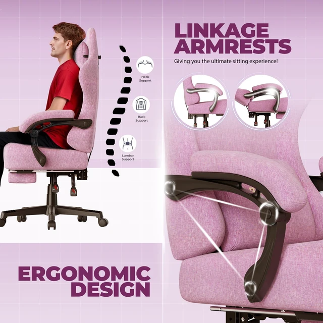 Alt view image 4 of 7 - Gaming Chair, Big and Tall, High Back Ergonomic with Pocket Spring Cushion, Footrest, Lumbar Support, 400 lbs Swivel Office Chair for Adults Pink-Linen