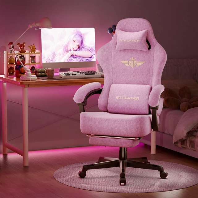 Alt view image 6 of 7 - Gaming Chair, Big and Tall, High Back Ergonomic with Pocket Spring Cushion, Footrest, Lumbar Support, 400 lbs Swivel Office Chair for Adults Pink-Linen