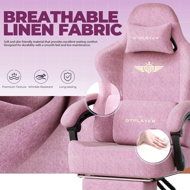 Alt view image 2 of 7 - Gaming Chair, Big and Tall, High Back Ergonomic with Pocket Spring Cushion, Footrest, Lumbar Support, 400 lbs Swivel Office Chair for Adults Pink-Linen