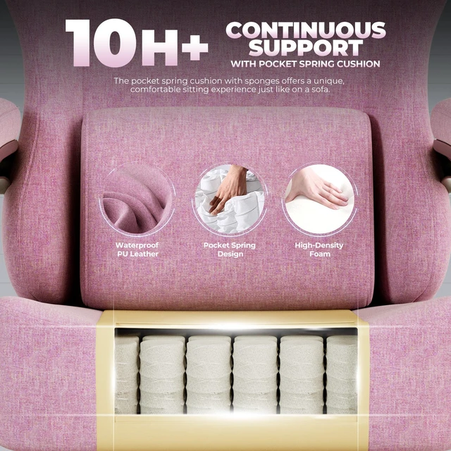 Alt view image 3 of 7 - Gaming Chair, Big and Tall, High Back Ergonomic with Pocket Spring Cushion, Footrest, Lumbar Support, 400 lbs Swivel Office Chair for Adults Pink-Linen