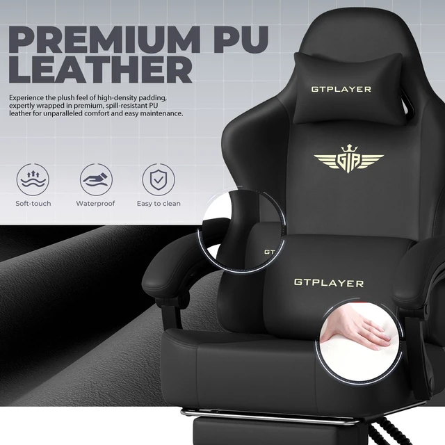 Alt view image 2 of 7 - Gaming Chair, Big and Tall, High Back Ergonomic with Pocket Spring Cushion, Footrest, Lumbar Support, 400 lbs Swivel Office Chair for Adults Black-PU Leather PU-Leather