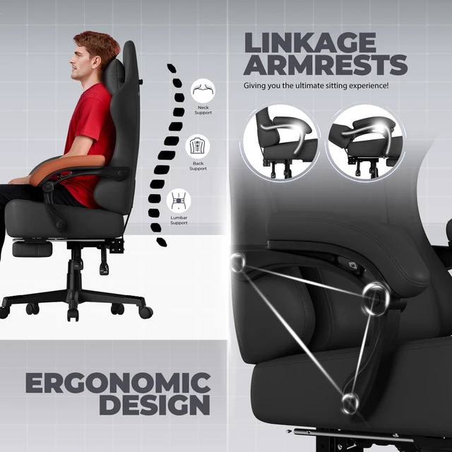 Alt view image 3 of 7 - Gaming Chair, Big and Tall, High Back Ergonomic with Pocket Spring Cushion, Footrest, Lumbar Support, 400 lbs Swivel Office Chair for Adults Black-PU Leather PU-Leather