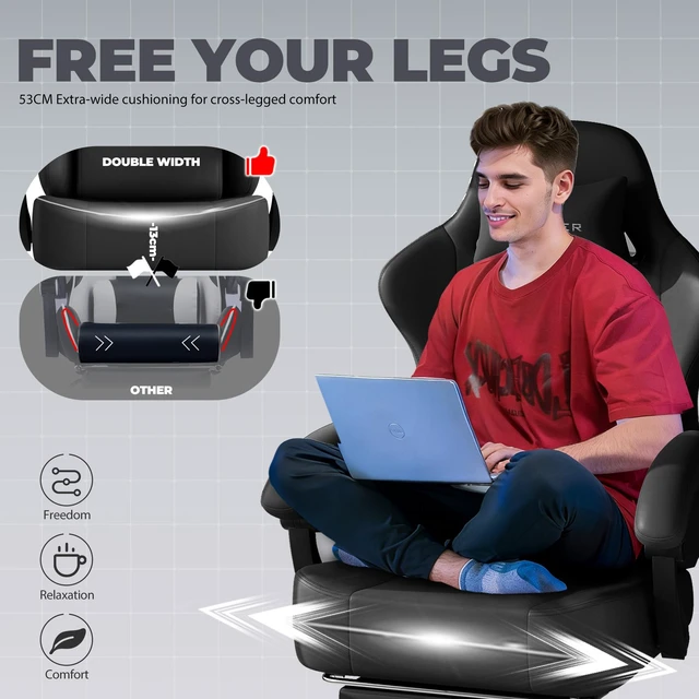 Alt view image 4 of 7 - Gaming Chair, Big and Tall, High Back Ergonomic with Pocket Spring Cushion, Footrest, Lumbar Support, 400 lbs Swivel Office Chair for Adults Black-PU Leather PU-Leather