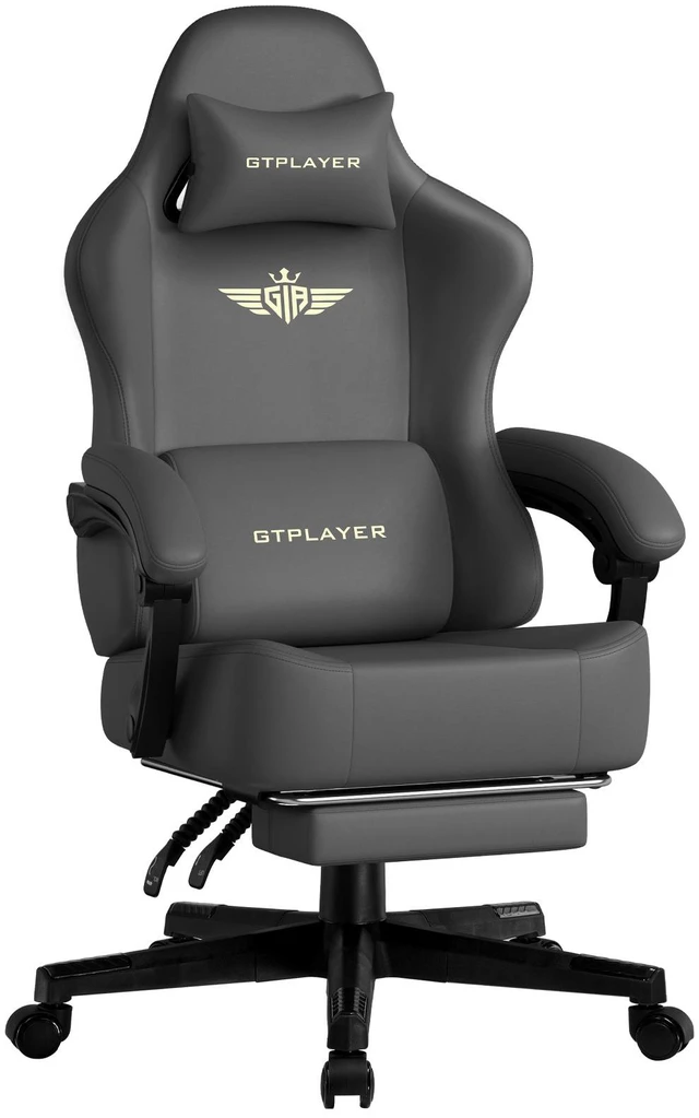 Main image of Gaming Chair, Big and Tall, High Back Ergonomic with Pocket Spring Cushion, Footrest, Lumbar Support, 400 lbs Swivel Office Chair for Adults Grey-PU Leather PU-Leather