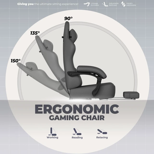 Alt view image 5 of 7 - Gaming Chair, Big and Tall, High Back Ergonomic with Pocket Spring Cushion, Footrest, Lumbar Support, 400 lbs Swivel Office Chair for Adults Grey-PU Leather PU-Leather