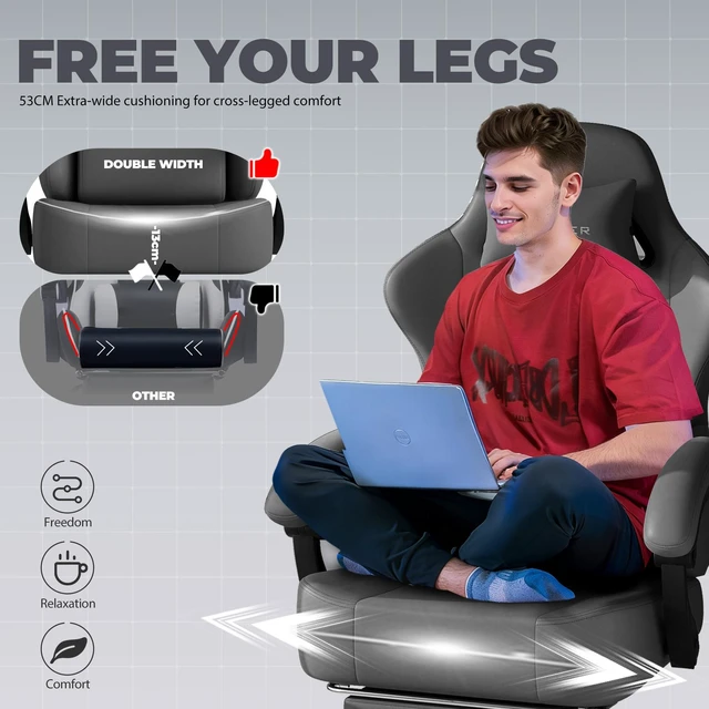 Alt view image 4 of 7 - Gaming Chair, Big and Tall, High Back Ergonomic with Pocket Spring Cushion, Footrest, Lumbar Support, 400 lbs Swivel Office Chair for Adults Grey-PU Leather PU-Leather