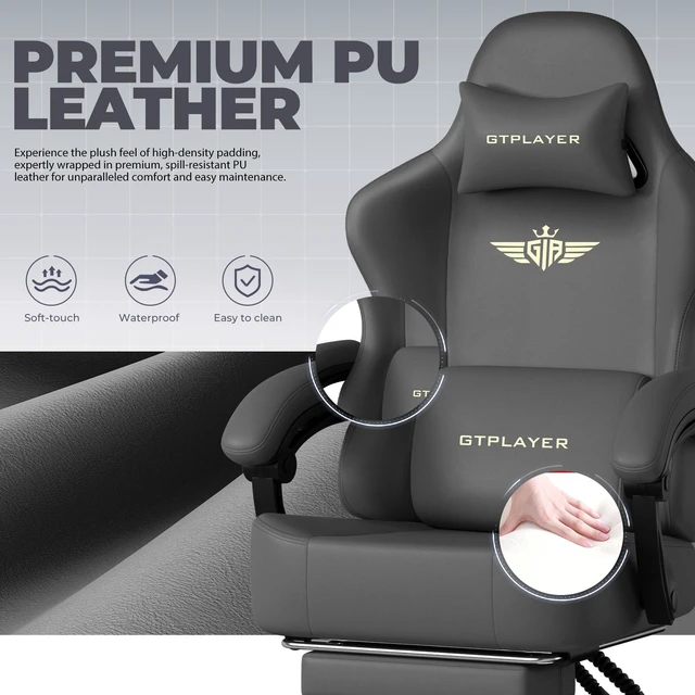 Alt view image 2 of 7 - Gaming Chair, Big and Tall, High Back Ergonomic with Pocket Spring Cushion, Footrest, Lumbar Support, 400 lbs Swivel Office Chair for Adults Grey-PU Leather PU-Leather