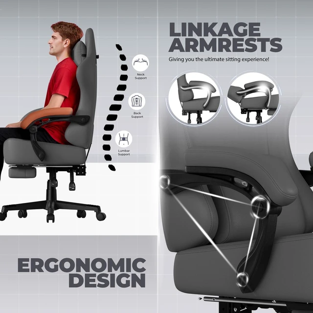 Alt view image 3 of 7 - Gaming Chair, Big and Tall, High Back Ergonomic with Pocket Spring Cushion, Footrest, Lumbar Support, 400 lbs Swivel Office Chair for Adults Grey-PU Leather PU-Leather