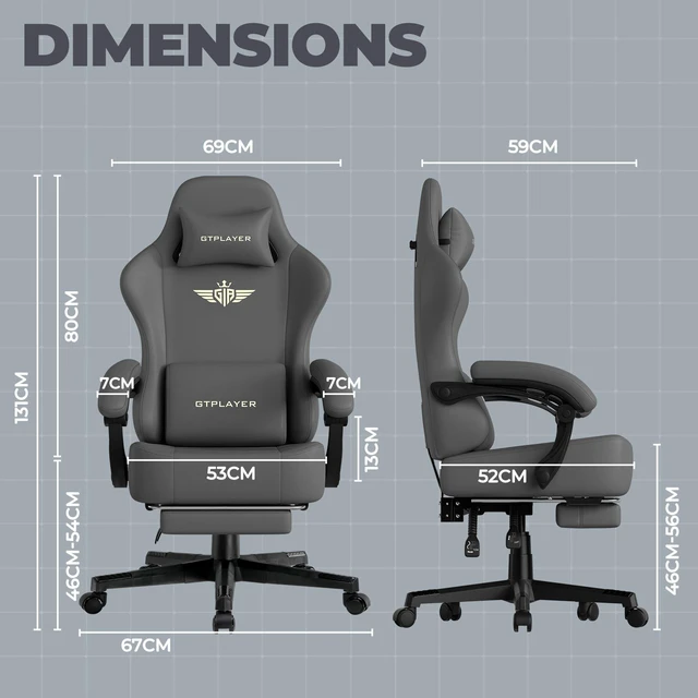 Alt view image 7 of 7 - Gaming Chair, Big and Tall, High Back Ergonomic with Pocket Spring Cushion, Footrest, Lumbar Support, 400 lbs Swivel Office Chair for Adults Grey-PU Leather PU-Leather