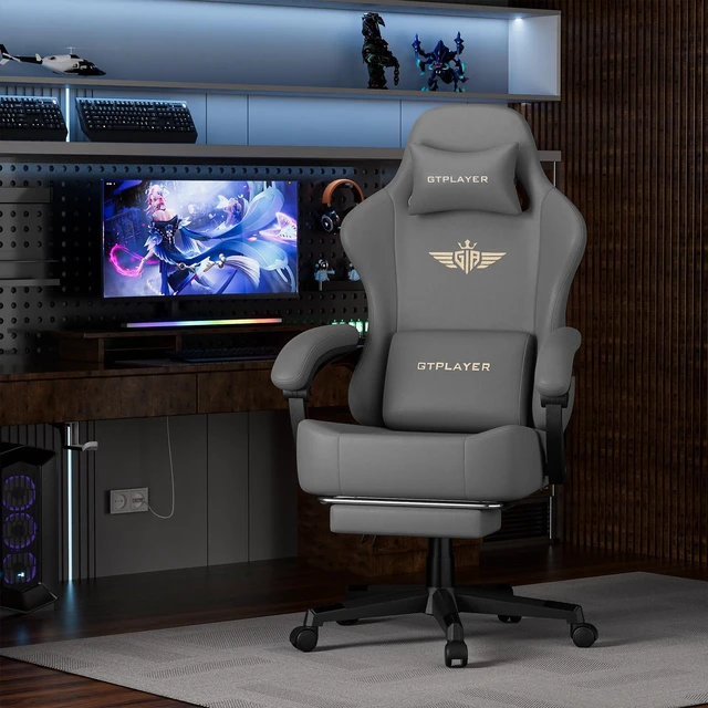 Alt view image 6 of 7 - Gaming Chair, Big and Tall, High Back Ergonomic with Pocket Spring Cushion, Footrest, Lumbar Support, 400 lbs Swivel Office Chair for Adults Grey-PU Leather PU-Leather