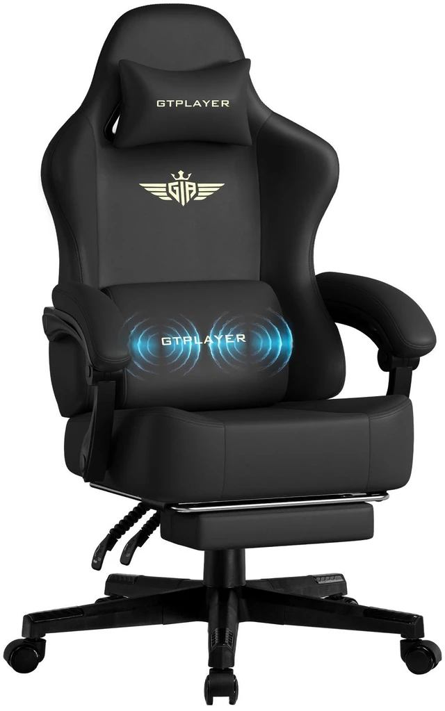Main image of Gaming Chair, Big and Tall, High Back Ergonomic with Pocket Spring Cushion, Footrest, Lumbar Support, 400 lbs Swivel Office Chair for Adults Black-Massage pillow PU-Leather