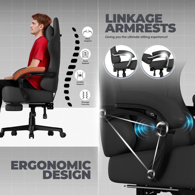 Alt view image 7 of 7 - Gaming Chair, Big and Tall, High Back Ergonomic with Pocket Spring Cushion, Footrest, Lumbar Support, 400 lbs Swivel Office Chair for Adults Black-Massage pillow PU-Leather