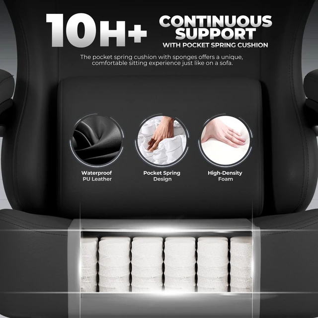 Alt view image 4 of 7 - Gaming Chair, Big and Tall, High Back Ergonomic with Pocket Spring Cushion, Footrest, Lumbar Support, 400 lbs Swivel Office Chair for Adults Black-Massage pillow PU-Leather