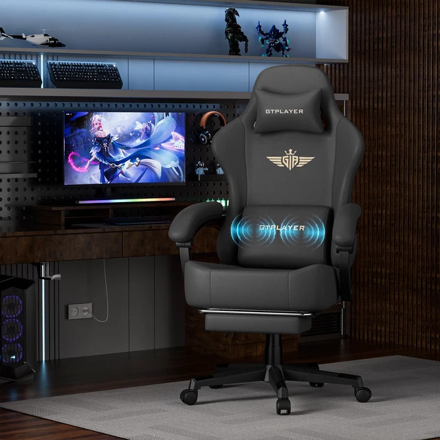 Alt view image 6 of 7 - Gaming Chair, Big and Tall, High Back Ergonomic with Pocket Spring Cushion, Footrest, Lumbar Support, 400 lbs Swivel Office Chair for Adults Black-Massage pillow PU-Leather