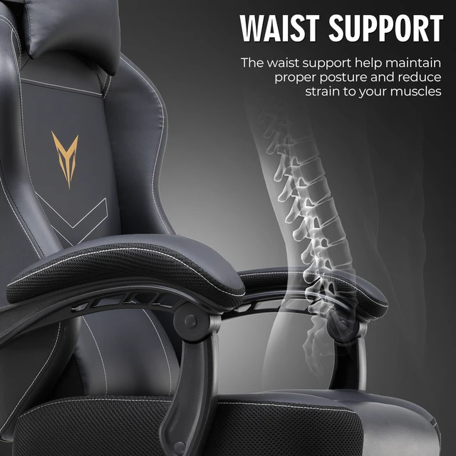 Alt view image 5 of 7 - Gaming Chair, Office Chair High Back Computer Chair with/without Footrest for Adults, Leather Desk Chair Executive Ergonomic Height Adjustable with Headrest and Lumbar Support, 300lbs, balck/grey