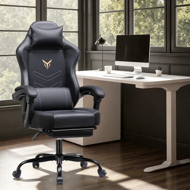 Alt view image 2 of 7 - Gaming Chair, Office Chair High Back Computer Chair with/without Footrest for Adults, Leather Desk Chair Executive Ergonomic Height Adjustable with Headrest and Lumbar Support, 300lbs, balck/grey