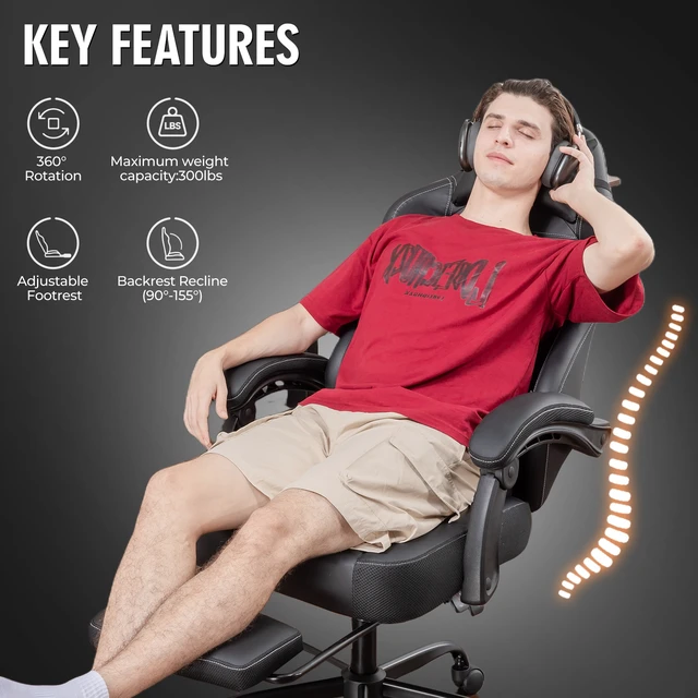 Alt view image 7 of 7 - Gaming Chair, Office Chair High Back Computer Chair with/without Footrest for Adults, Leather Desk Chair Executive Ergonomic Height Adjustable with Headrest and Lumbar Support, 300lbs, balck/grey