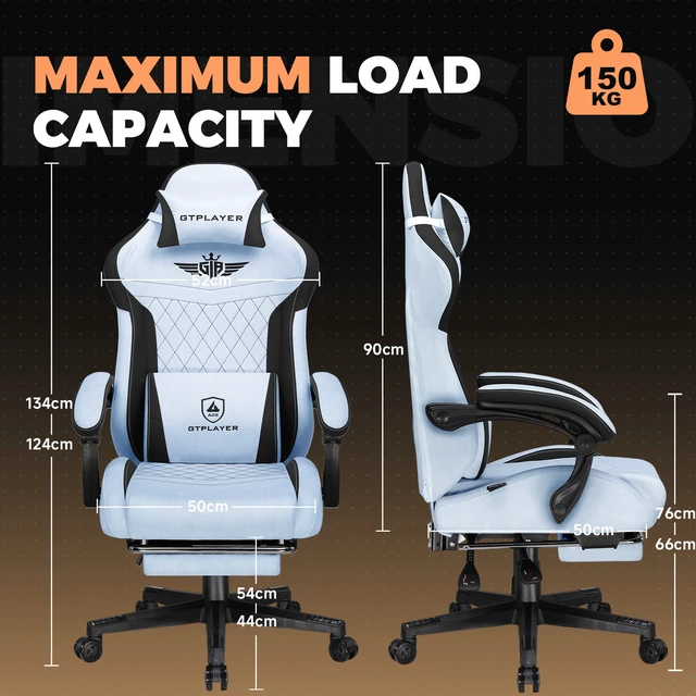Alt view image 6 of 7 - Gaming Chair with Footrest, Big and Tall Video Game Chairs with Lumbar Support, Computer Chair for Adults with Extended Backrest, Ergonomic Reclining Silla Gamer, Fabric Light Blue