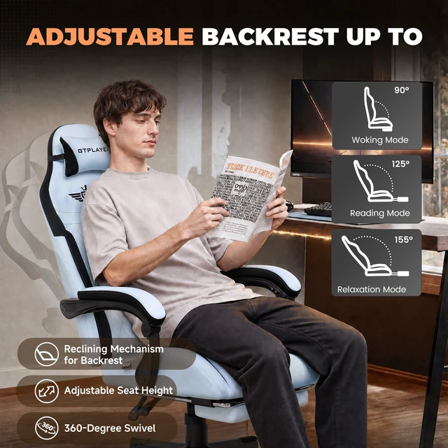Alt view image 2 of 7 - Gaming Chair with Footrest, Big and Tall Video Game Chairs with Lumbar Support, Computer Chair for Adults with Extended Backrest, Ergonomic Reclining Silla Gamer, Fabric Light Blue