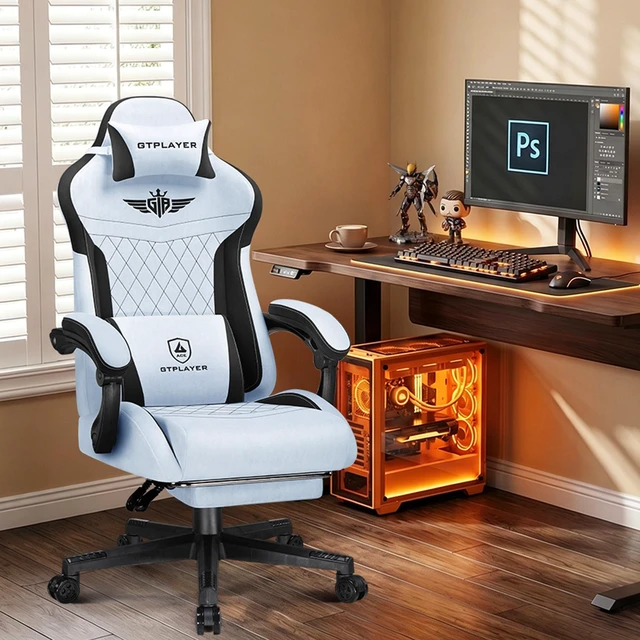 Main image of Gaming Chair with Footrest, Big and Tall Video Game Chairs with Lumbar Support, Computer Chair for Adults with Extended Backrest, Ergonomic Reclining Silla Gamer, Fabric Light Blue