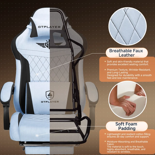 Alt view image 7 of 7 - Gaming Chair with Footrest, Big and Tall Video Game Chairs with Lumbar Support, Computer Chair for Adults with Extended Backrest, Ergonomic Reclining Silla Gamer, Fabric Light Blue